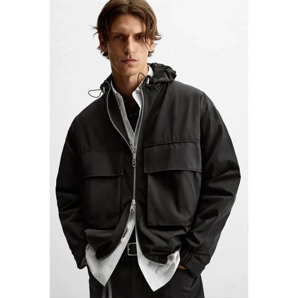 Zara Mens Parka Jacket S Black Hooded Full Zip Boxy Fit Technical 5854/291 NWT